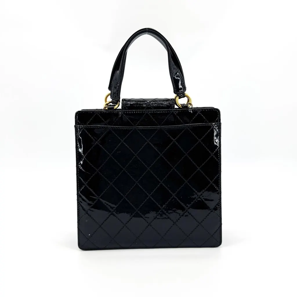 Chanel Vintage Patent Quilted Square Top Handle Bag Gold Black Black Leather Fair - Inside View