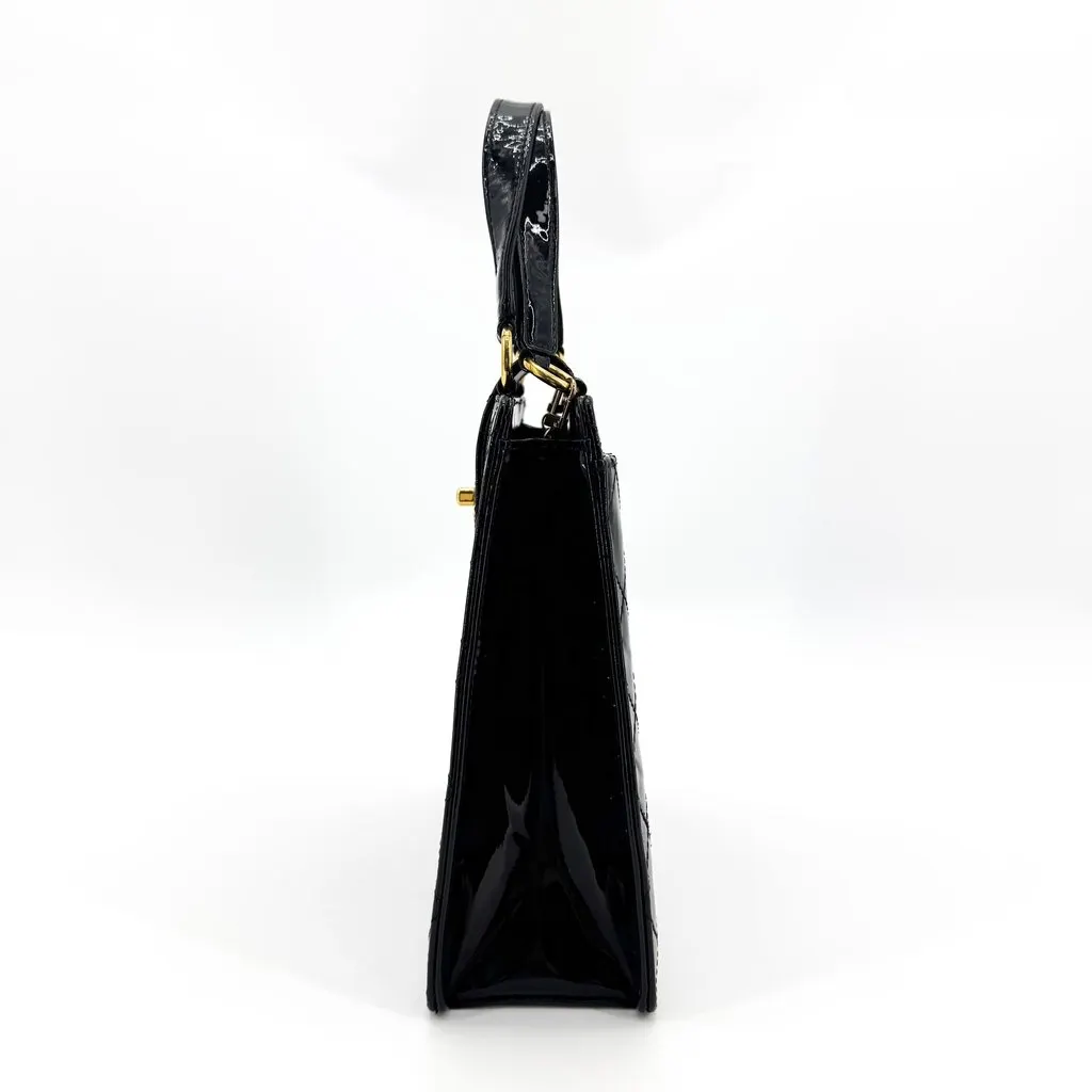 Chanel Vintage Patent Quilted Square Top Handle Bag Gold Black Black Leather Fair - Model View