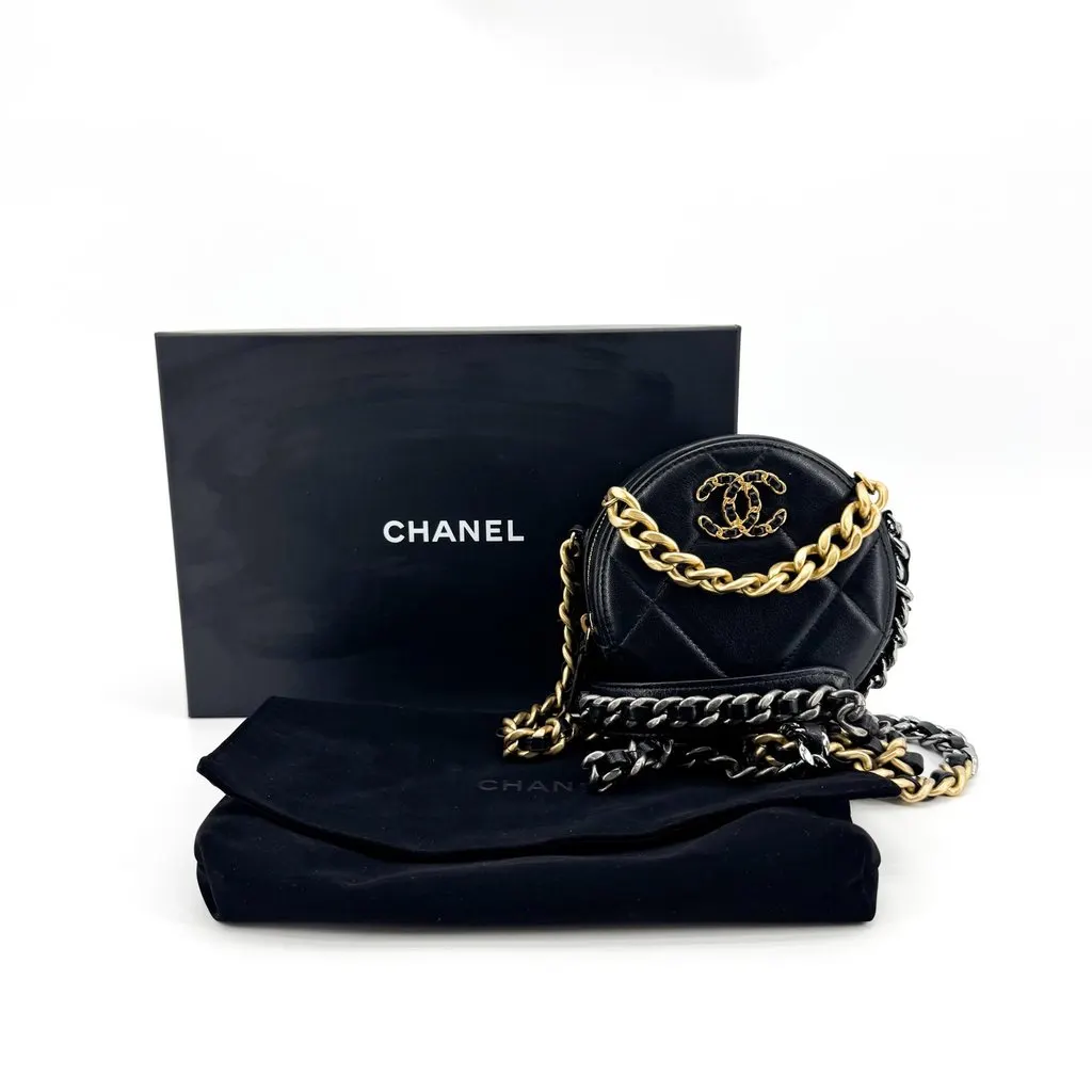 Chanel 19 Round Clutch with Chain Lambskin Black Black Leather Very good - Back View