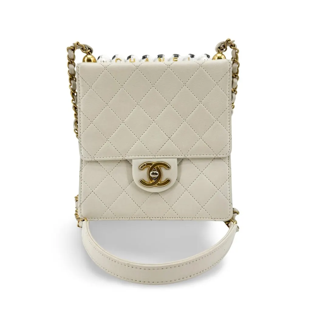 Chanel Mini Flap Bag with Pearl Lettering Gold Hardware White Gold Leather Good - Front View