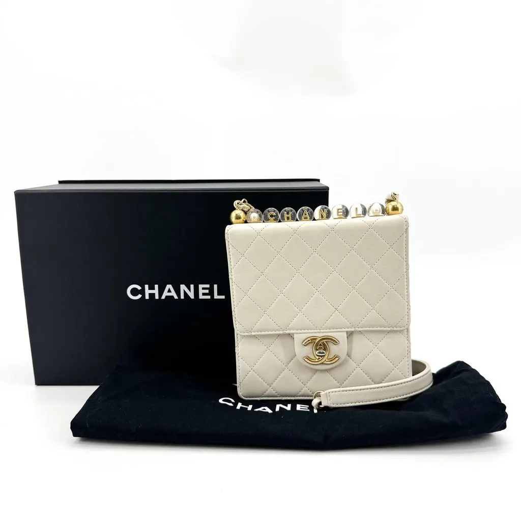 Chanel Mini Flap Bag with Pearl Lettering Gold Hardware White Gold Leather Good - Back View