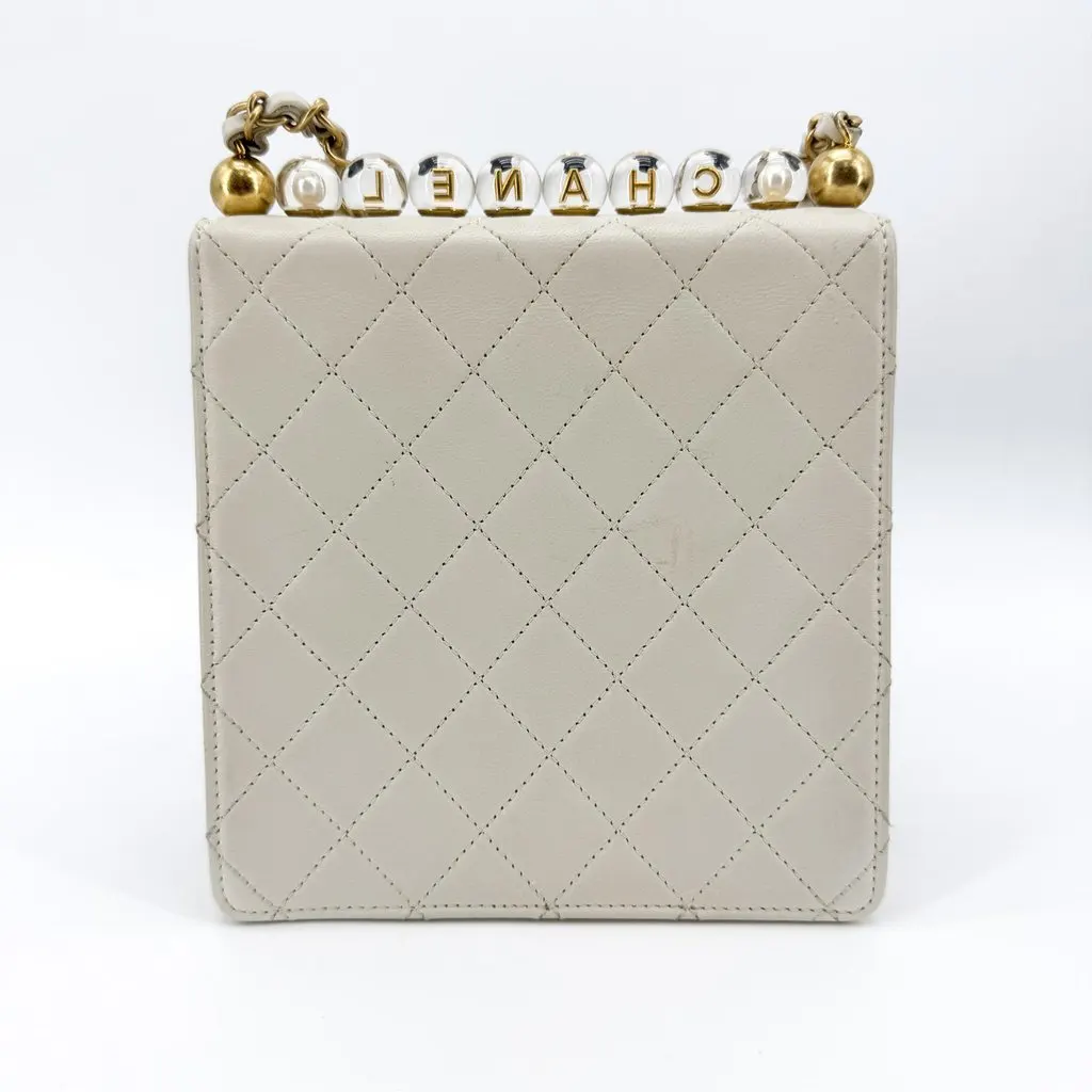 Chanel Mini Flap Bag with Pearl Lettering Gold Hardware White Gold Leather Good - Inside View