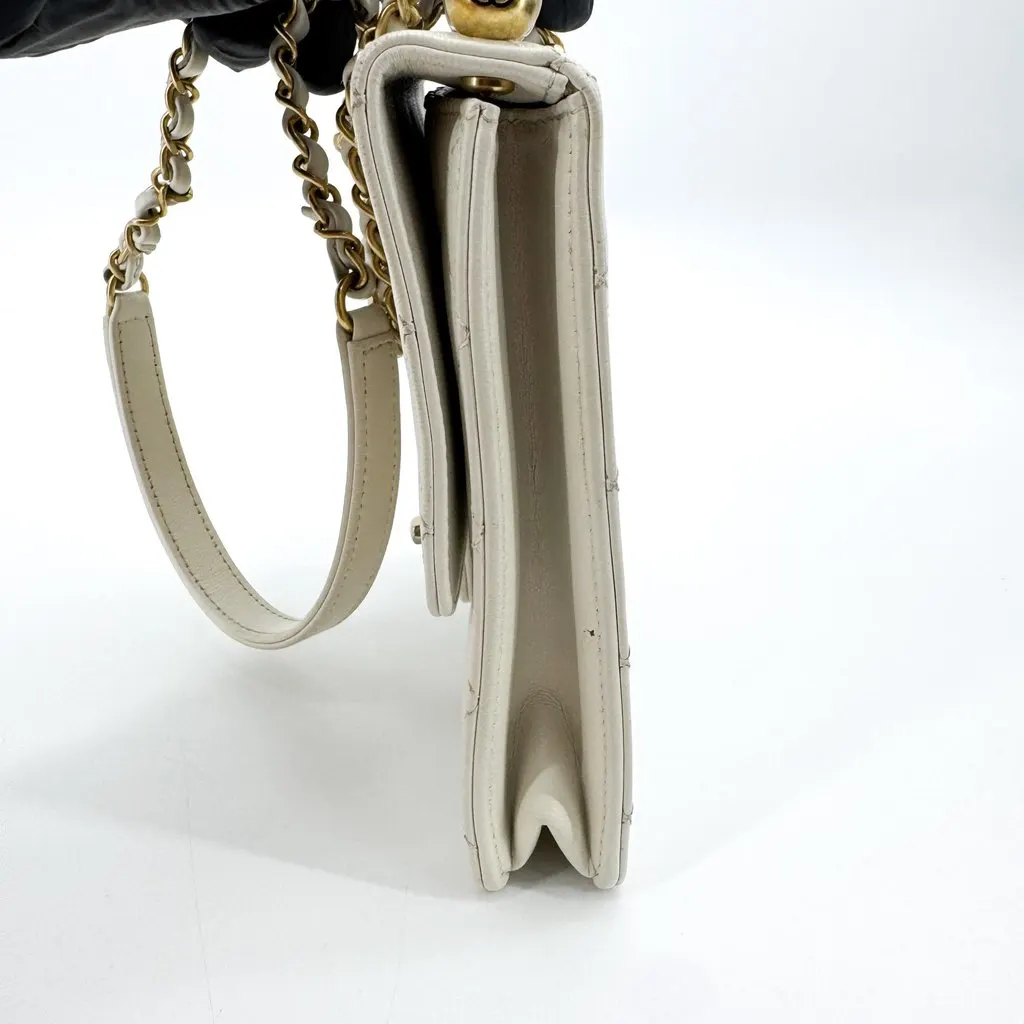 Chanel Mini Flap Bag with Pearl Lettering Gold Hardware White Gold Leather Good - Model View