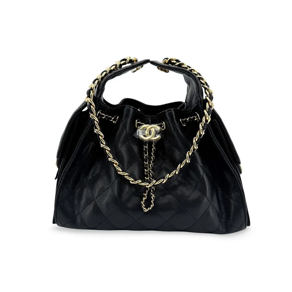Chanel Caviar Quilted CC Drawstring Bag Black Gold Black Leather Very good - Front View