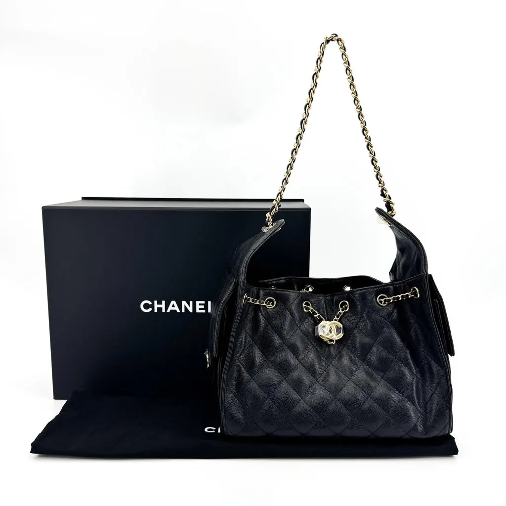 Chanel Caviar Quilted CC Drawstring Bag Black Gold Black Leather Very good - Back View