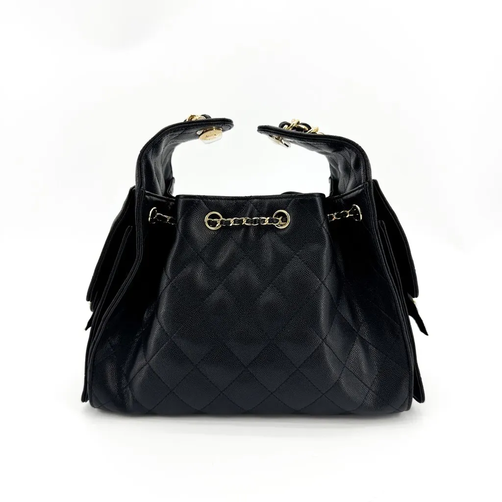 Chanel Caviar Quilted CC Drawstring Bag Black Gold Black Leather Very good - Inside View