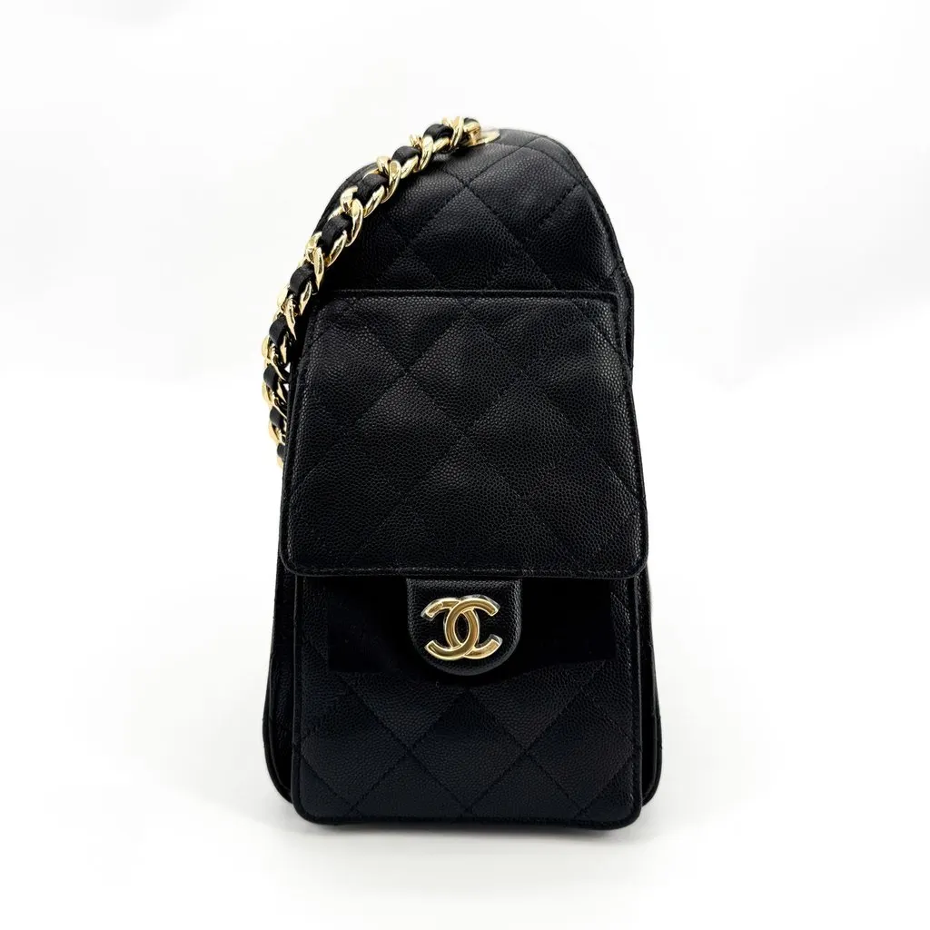 Chanel Caviar Quilted CC Drawstring Bag Black Gold Black Leather Very good - Model View