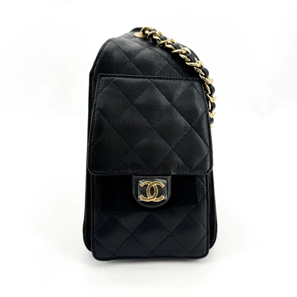 Chanel Caviar Quilted CC Drawstring Bag Black Gold Black Leather Very good - Box View