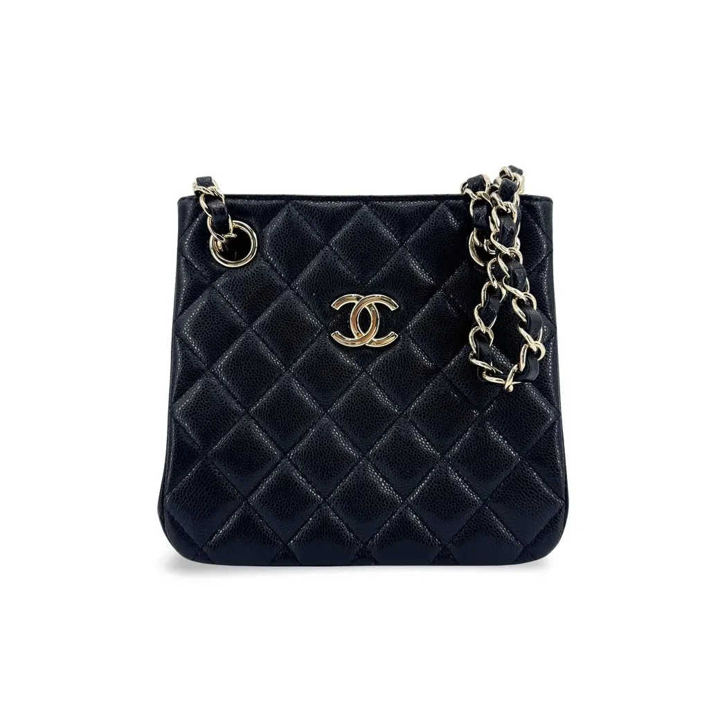Chanel Caviar Quilted Small Hobo Bag Gold Black Black Leather Very good - Front View