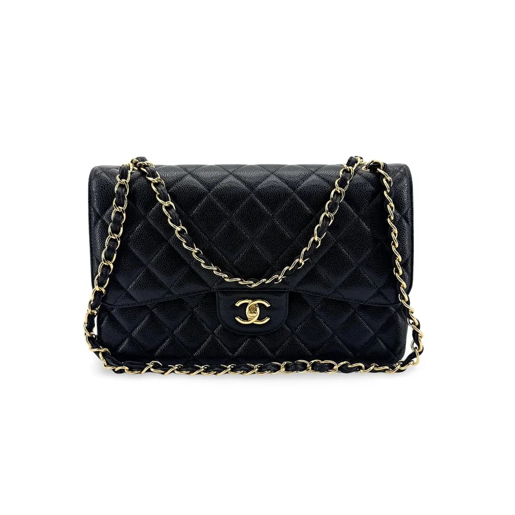 Chanel Classic Medium Flap Bag Caviar Gold Black Black Leather Very good - Front View