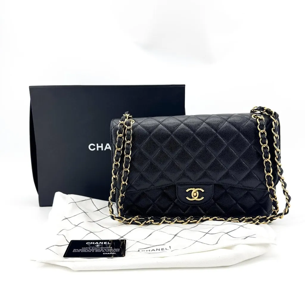 Chanel Classic Medium Flap Bag Caviar Gold Black Black Leather Very good - Back View