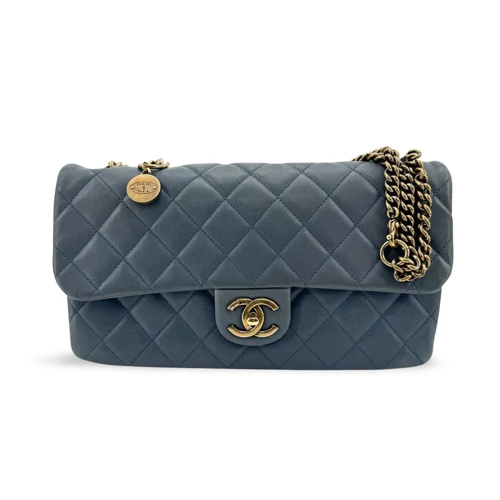 Chanel CC Crown Flap Shoulder Bag in Blue with Antique Gold Hardware Blue Leather Good - Front View