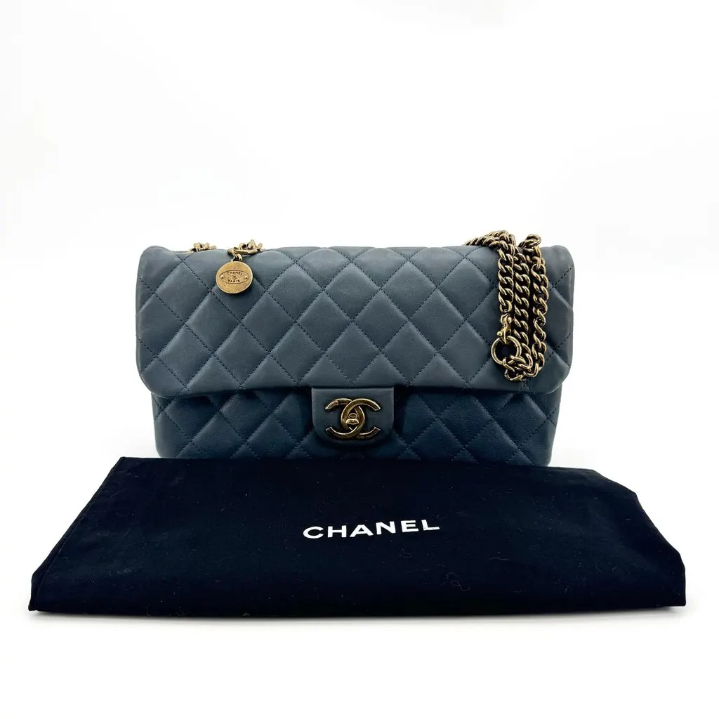 Chanel CC Crown Flap Shoulder Bag in Blue with Antique Gold Hardware Blue Leather Good - Back View