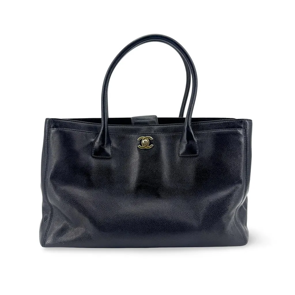 Chanel Calfskin Cerf Executive Tote Bag in Black Black Leather Good - Front View