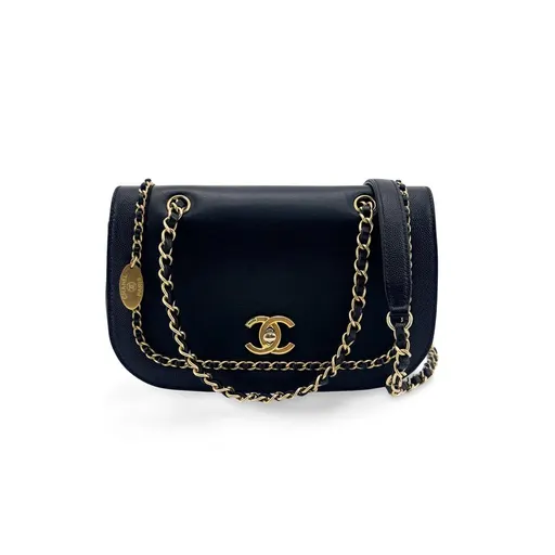 Chanel CC Charm Messenger Flap Bag Black Gold