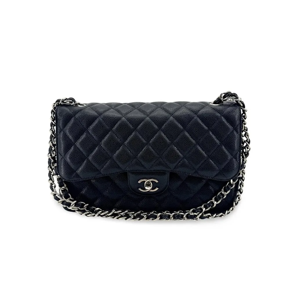 Chanel Classic Small Flap Bag Grained Calfskin Silver-Tone Black Black Leather Very good - Front View