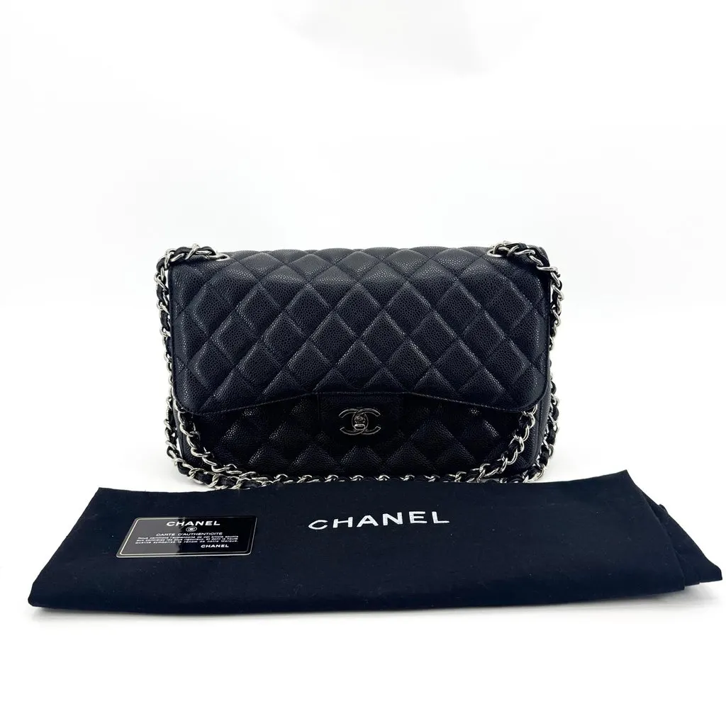Chanel Classic Small Flap Bag Grained Calfskin Silver-Tone Black Black Leather Very good - Back View