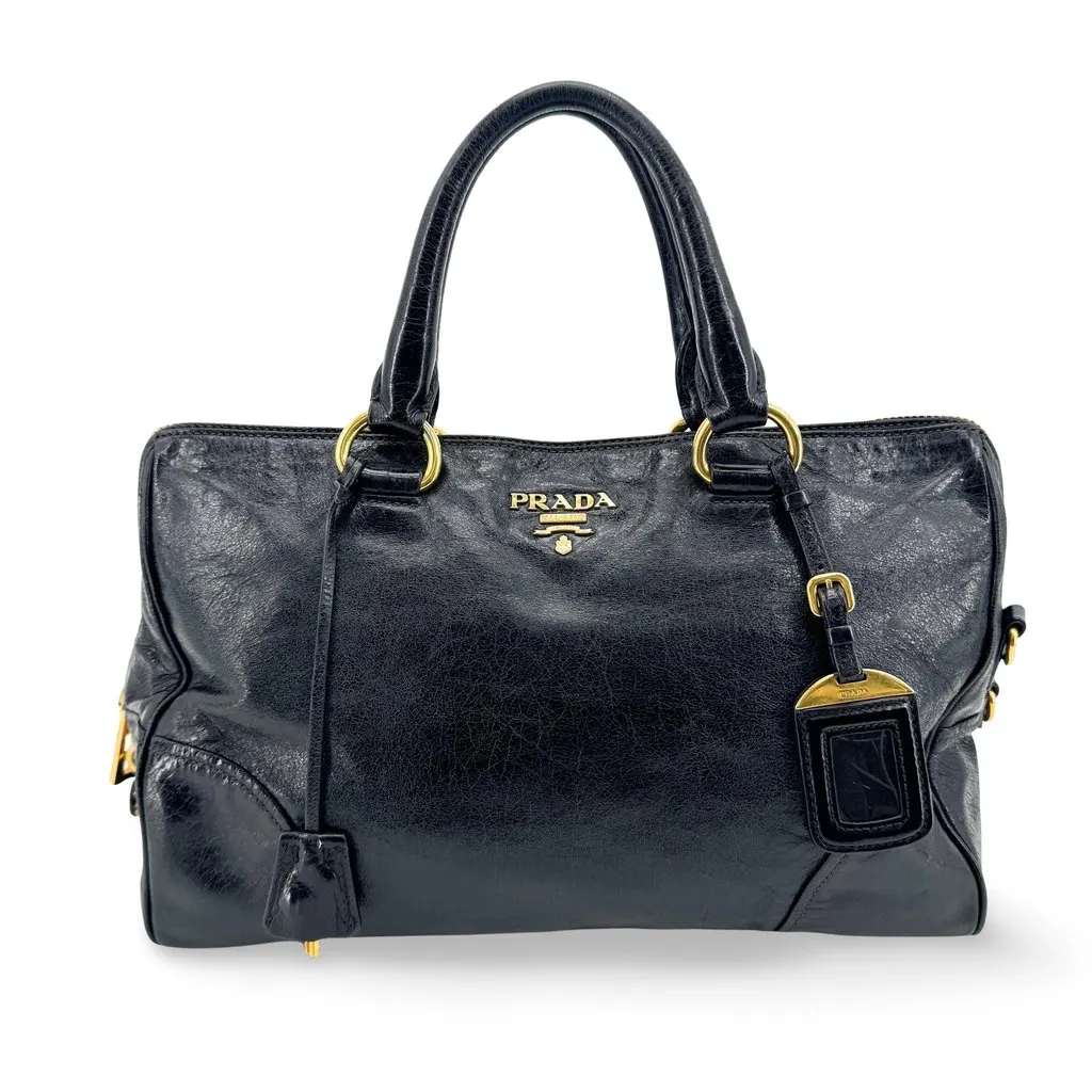 Chanel Prada Vitello Shine Tote Bag Black Gold Black Leather Good - Front View