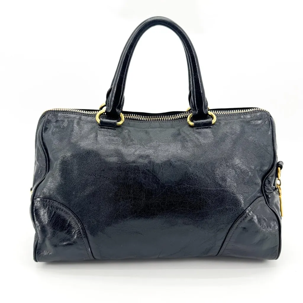 Chanel Prada Vitello Shine Tote Bag Black Gold Black Leather Good - Back View