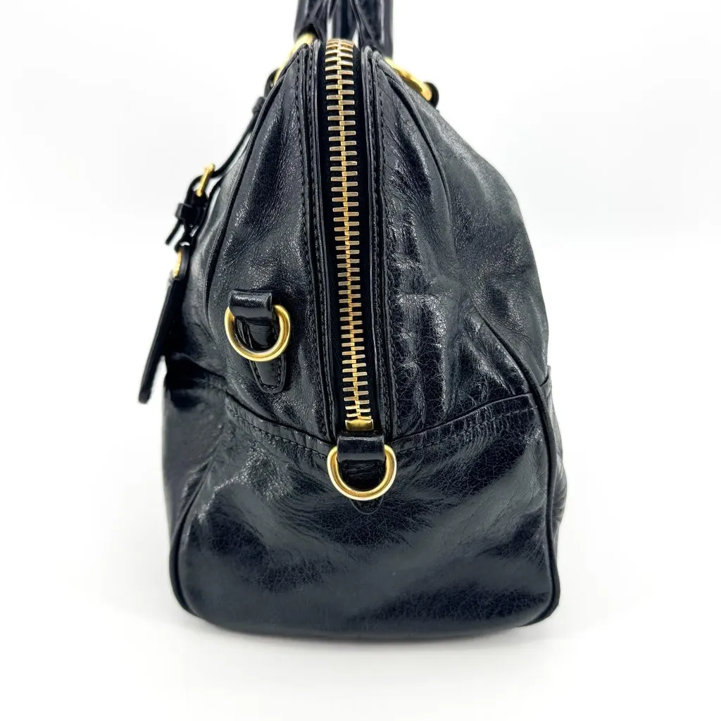 Chanel Prada Vitello Shine Tote Bag Black Gold Black Leather Good - Inside View