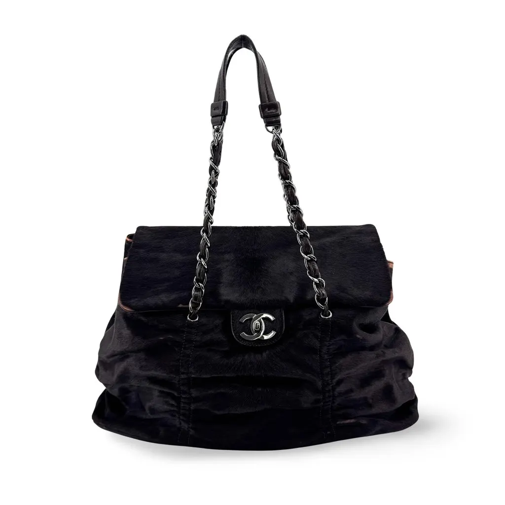 Chanel Pony Hair Shirring Shoulder Bag Black Silver Hardware Black Leather Good - Front View