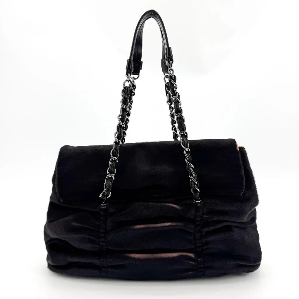 Chanel Pony Hair Shirring Shoulder Bag Black Silver Hardware Black Leather Good - Back View