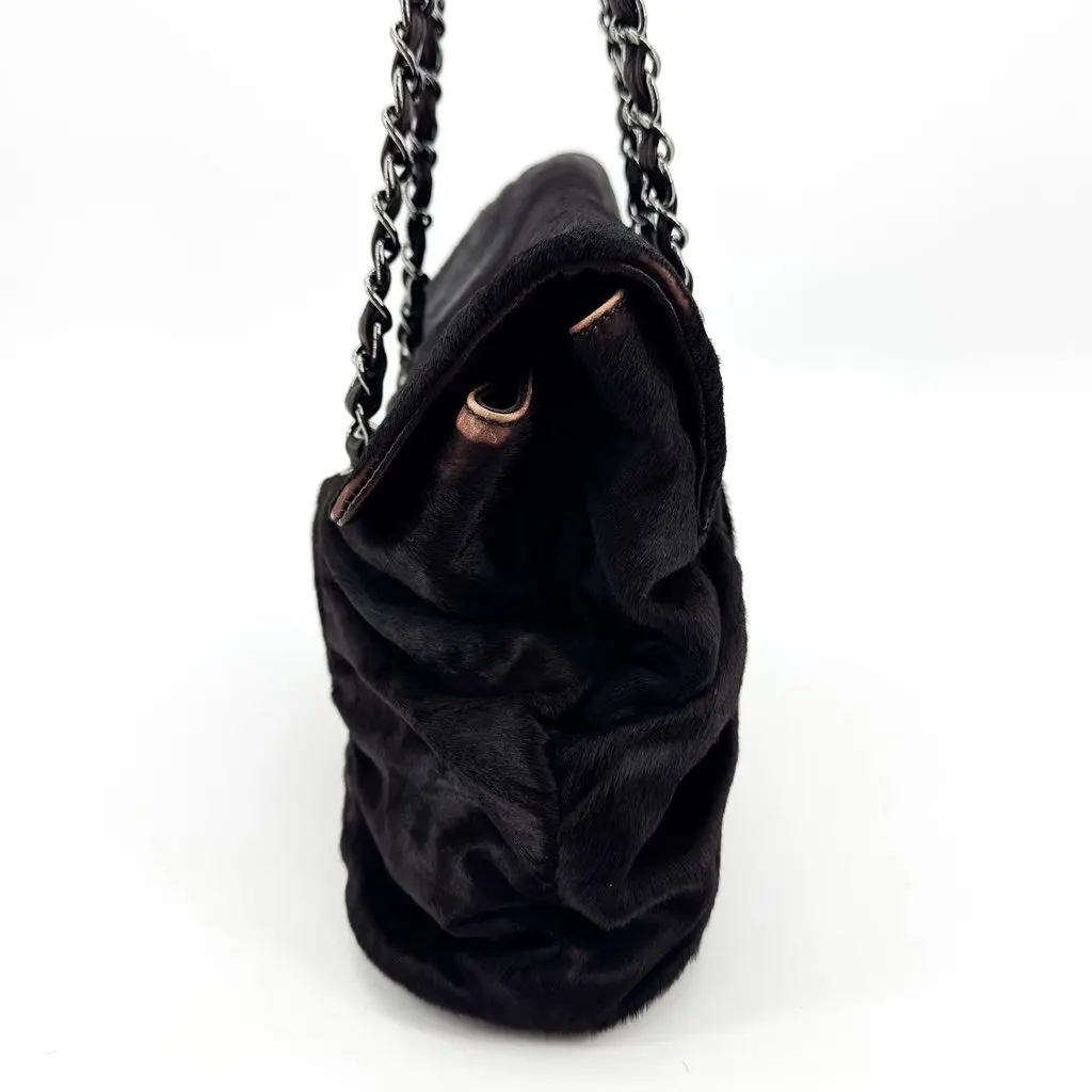 Chanel Pony Hair Shirring Shoulder Bag Black Silver Hardware Black Leather Good - Inside View