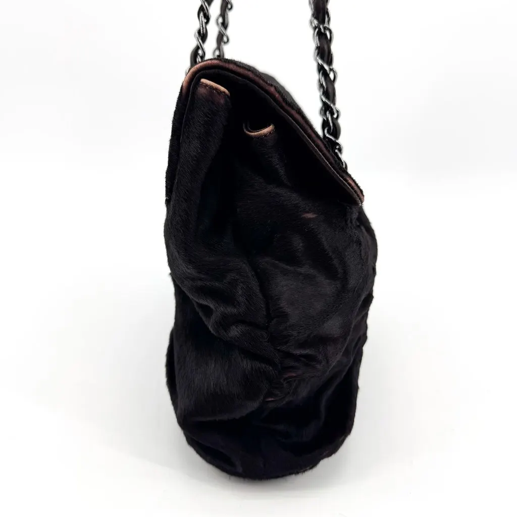 Chanel Pony Hair Shirring Shoulder Bag Black Silver Hardware Black Leather Good - Model View