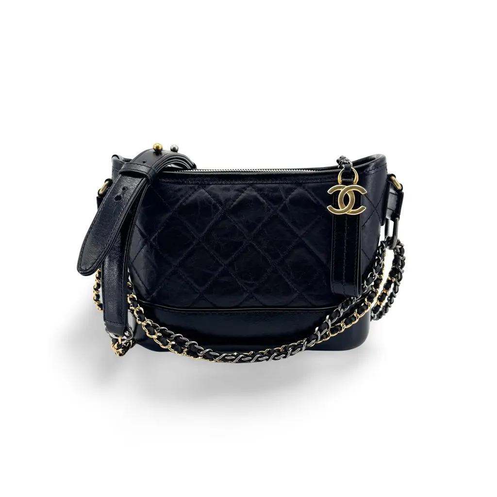 Chanel Gabrielle Small Hobo Bag Vintage Calfskin Black Black Leather Good - Front View