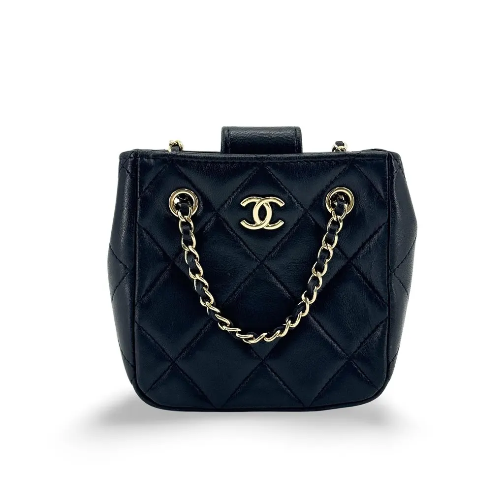 Chanel Classic Mini Shopping Bag Caviar Gold Black Black Leather Good - Front View