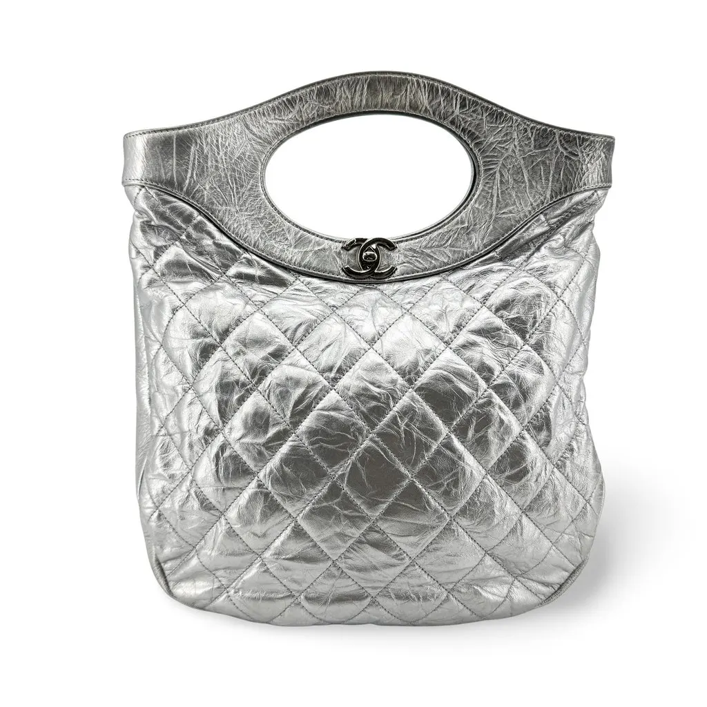 Chanel 31 Small Shopping Bag Silver Aged Calfskin Silver Hardware Silver Leather Good - Front View