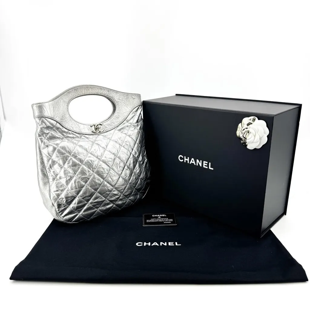 Chanel 31 Small Shopping Bag Silver Aged Calfskin Silver Hardware Silver Leather Good - Back View