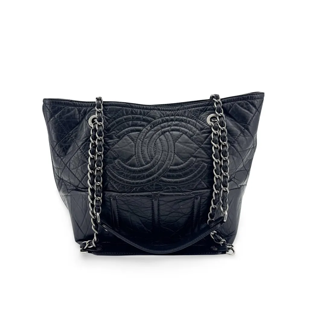 Chanel CC Crave Tote Bag Medium Silver Hardware Black Black Leather Good - Front View