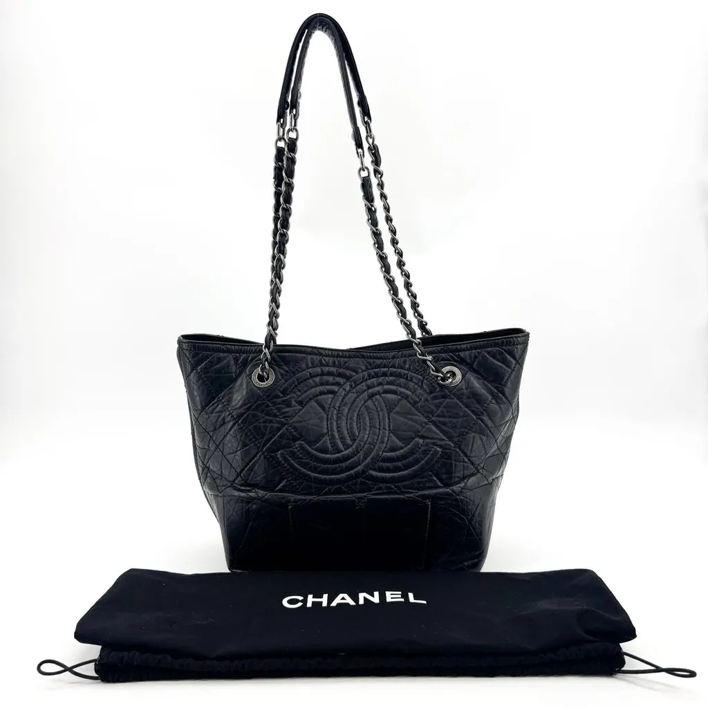 Chanel CC Crave Tote Bag Medium Silver Hardware Black Black Leather Good - Back View