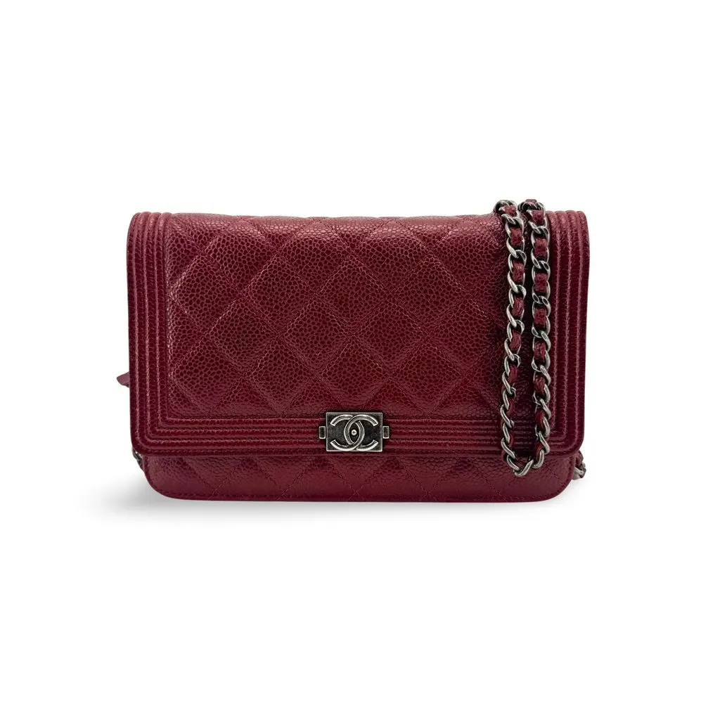 Chanel Boy Wallet on Chain Grained Calfskin Ruthenium Burgundy Burgundy Leather Very good - Front View