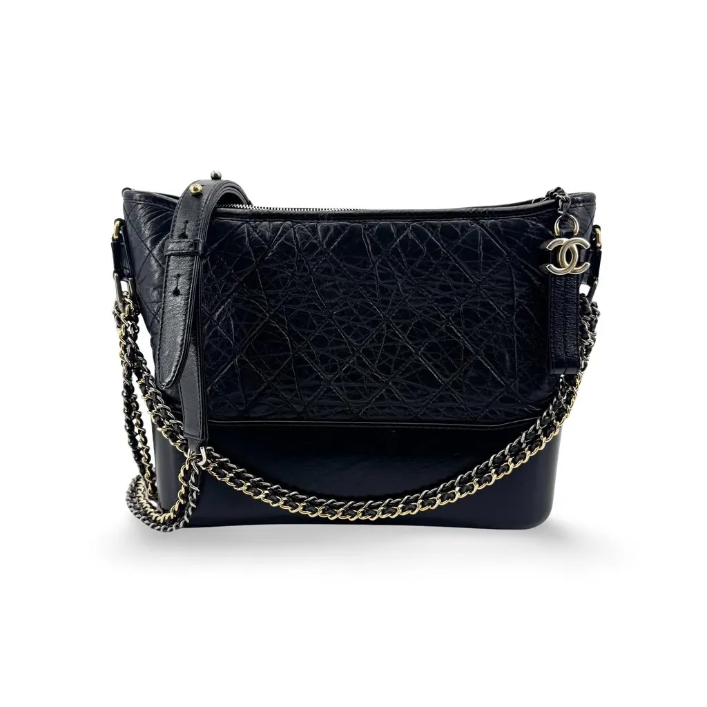 Chanel Small Gabrielle Hobo Bag Black Aged Calfskin Black Leather Good - Front View