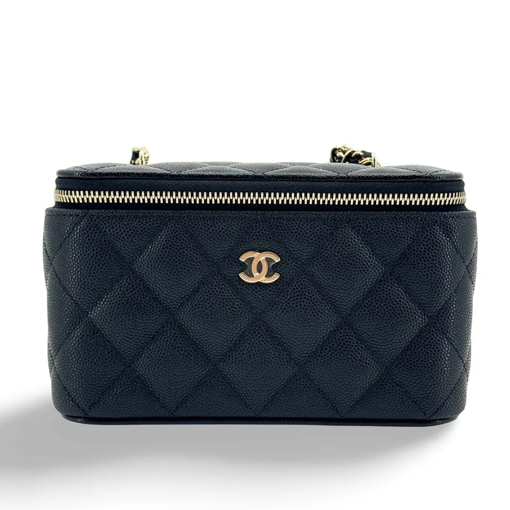 Chanel Classic Mini Vanity with Chain Grained Calfskin Black Gold Black Leather Very good - Front View