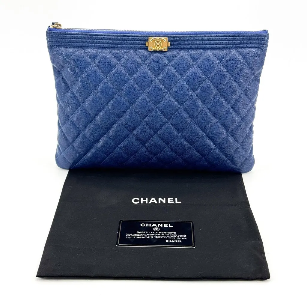 Chanel Boy O-Case Small Caviar Vintage Gold Blue Blue Leather Good - Back View