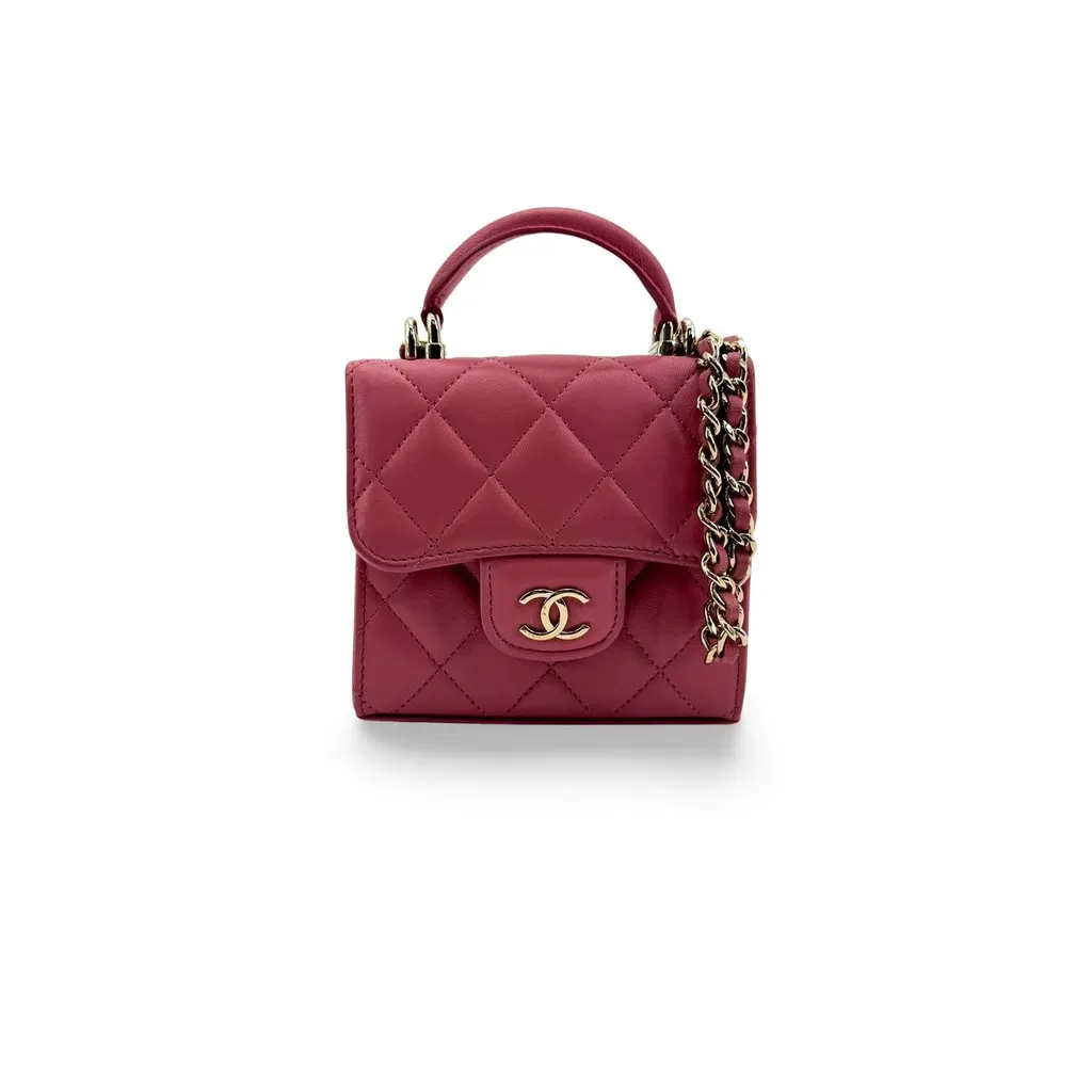 Chanel Classic Flap Coin Purse with Chain Top Handle Lambskin Gold Pink Pink Leather Good - Front View