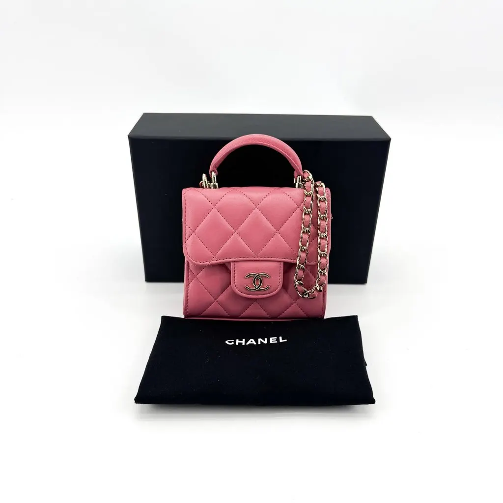 Chanel Classic Flap Coin Purse with Chain Top Handle Lambskin Gold Pink Pink Leather Good - Back View