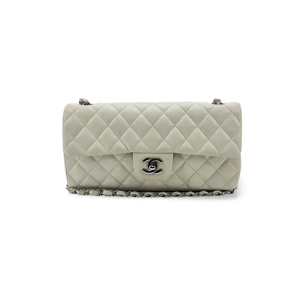 Chanel Classic Mini Rectangular Flap Bag Silver Hardware White Silver Leather Good - Front View
