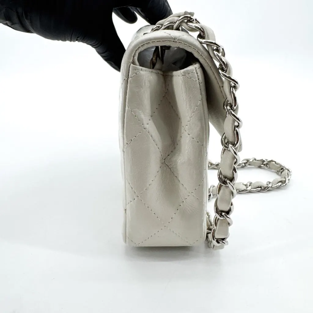 Chanel Classic Mini Rectangular Flap Bag Silver Hardware White Silver Leather Good - Model View