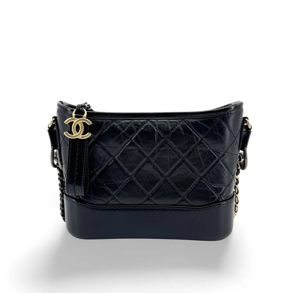 Chanel Small Gabrielle Hobo Bag Black Aged Calfskin Black Leather Very good - Front View