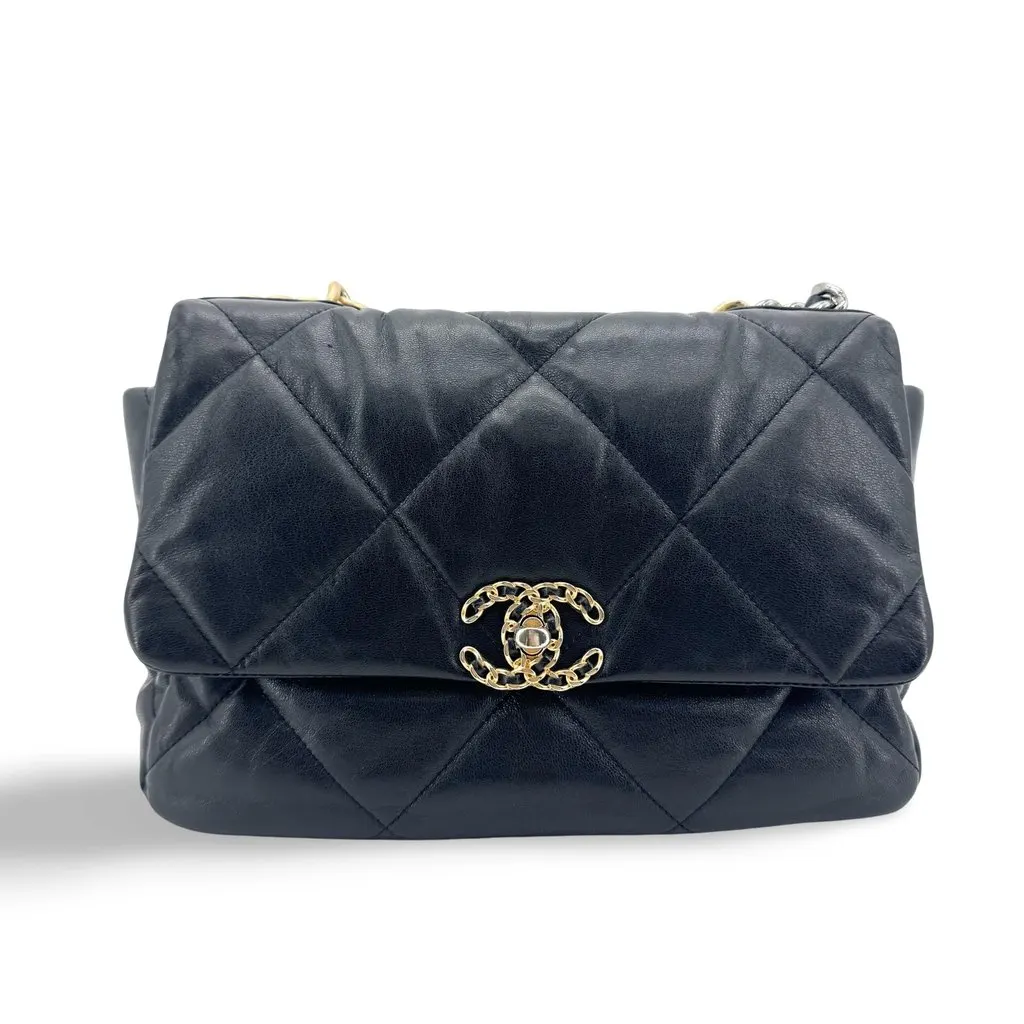 Chanel 19 Flap Bag Medium Black Black Leather Good - Front View
