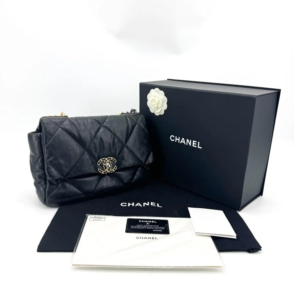 Chanel 19 Flap Bag Medium Black Black Leather Good - Back View