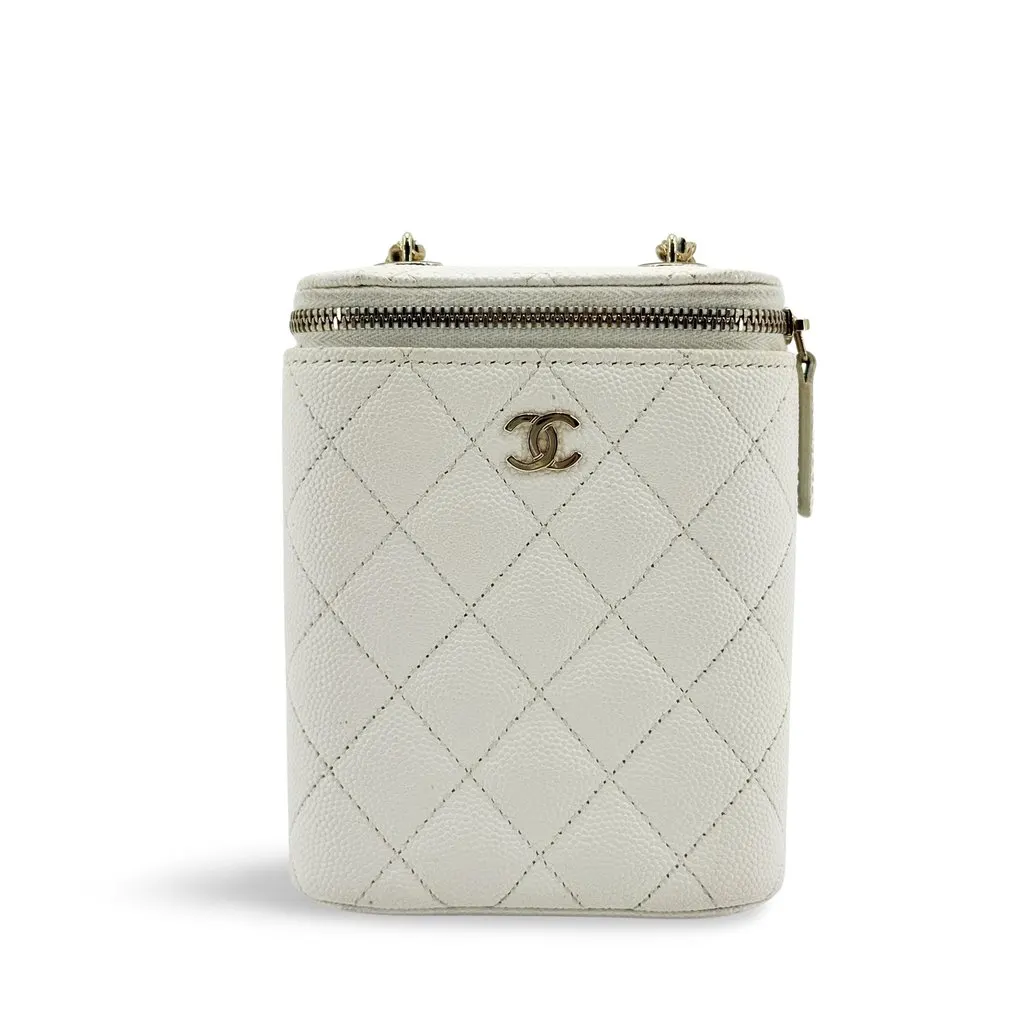 Chanel Classic Mini Vanity With Chain Grained Calfskin Gold White Gold Leather Good - Front View