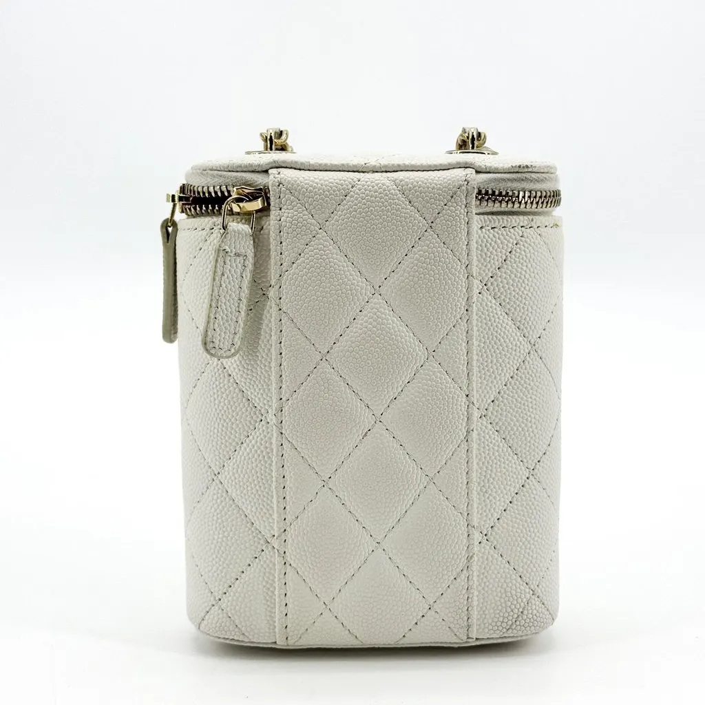 Chanel Classic Mini Vanity With Chain Grained Calfskin Gold White Gold Leather Good - Back View