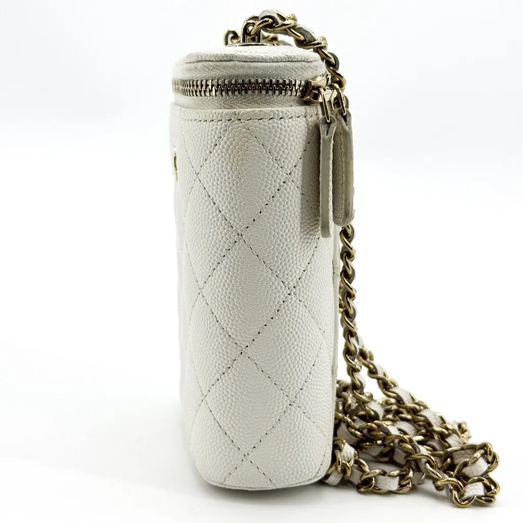 Chanel Classic Mini Vanity With Chain Grained Calfskin Gold White Gold Leather Good - Model View