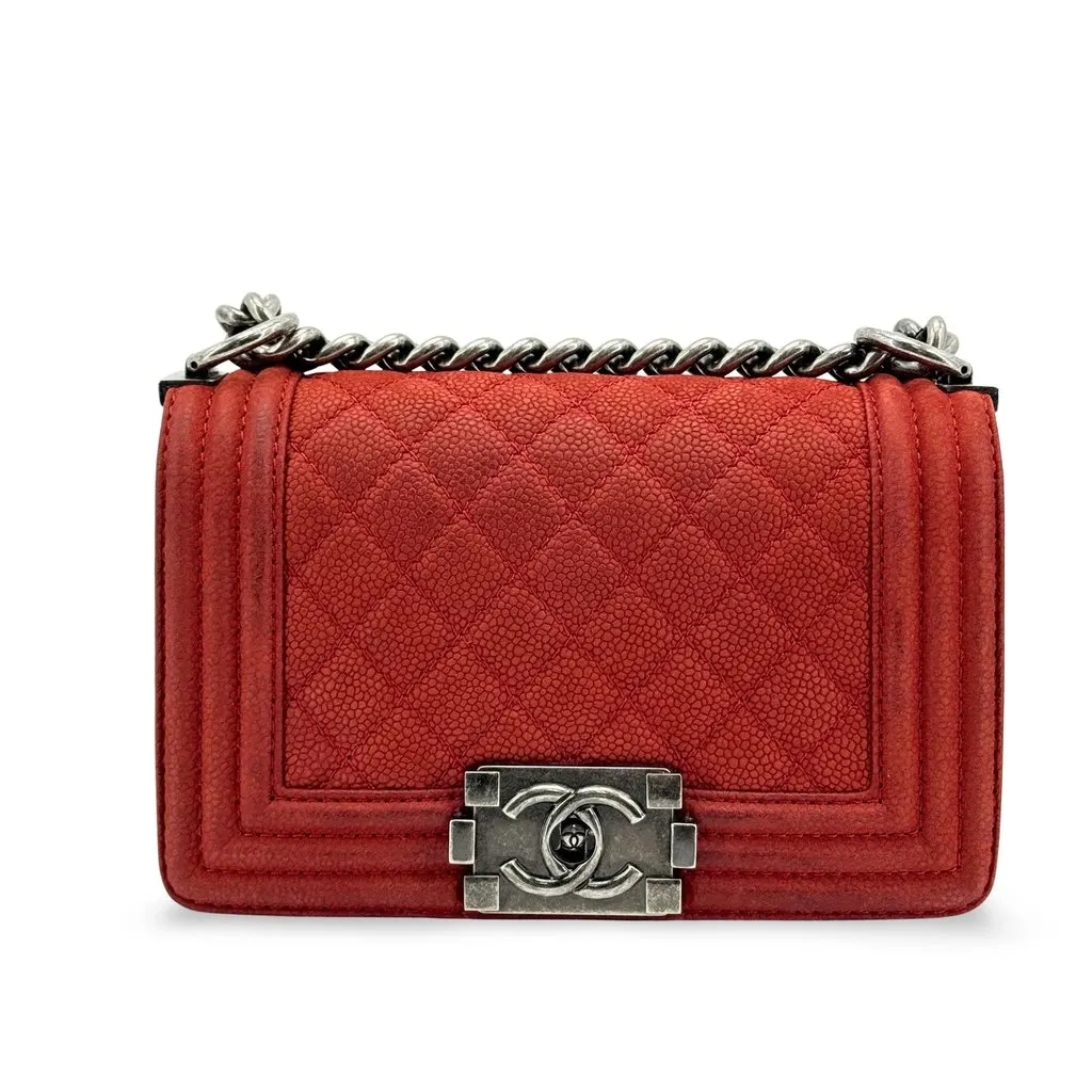 Chanel Boy Chanel Small Flap Bag Antique Silver Red Red Leather Good - Front View