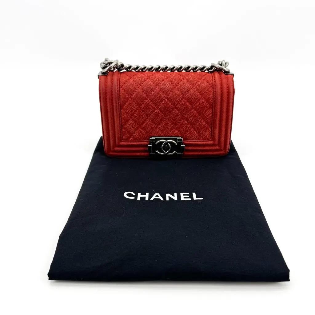 Chanel Boy Chanel Small Flap Bag Antique Silver Red Red Leather Good - Back View
